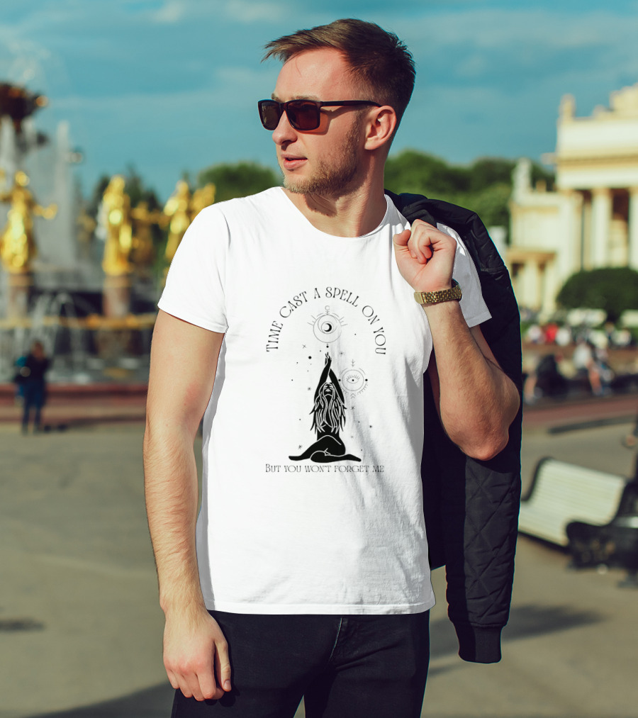 Time Cast A Spell On You But You Won’t Forget Me Mystical Yoga Pose With Celestial Symbols T-Shirt
