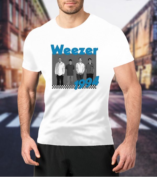 Weezer 1994 Band Photo With Checkered T-Shirt