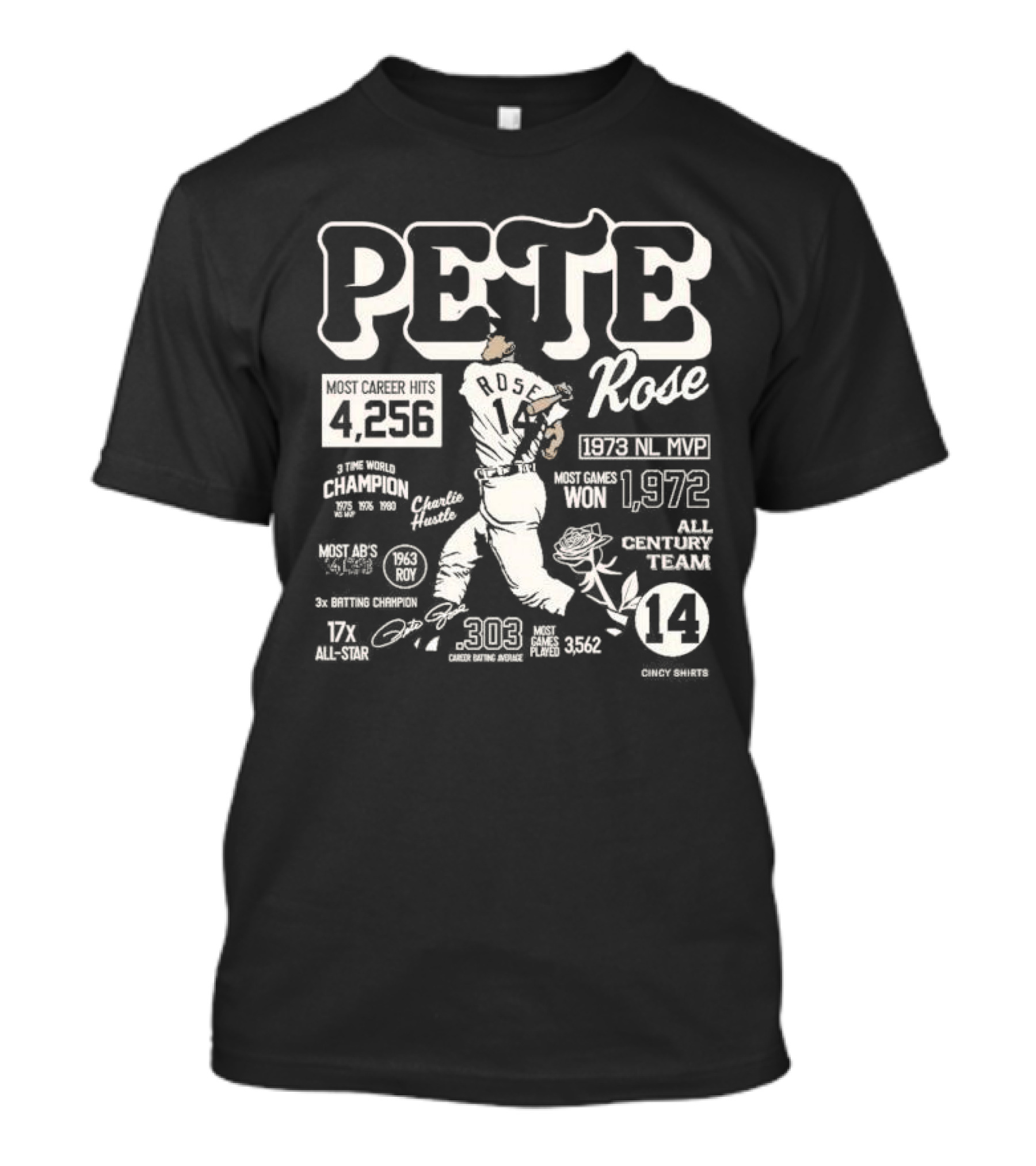 Pete Rose Career Stats 4256 Hits 303 Average 17x All-Star 1973 MVP 3x Batting Champion Charlie Hustle Player Baseball T-Shirt