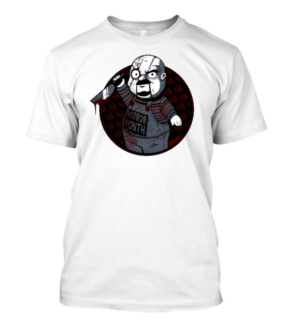 Horror Month Screen Printed Bloody Knife HA HA Masked Character T-Shirt