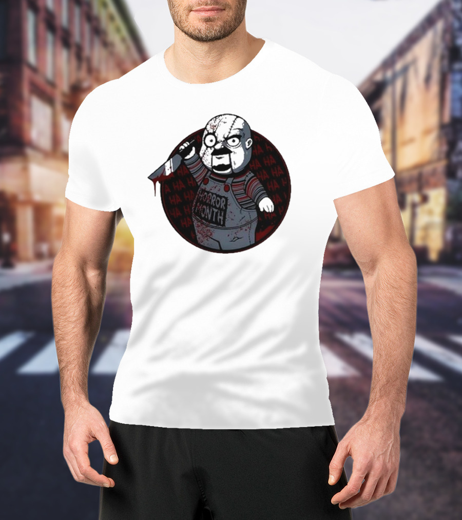Horror Month Screen Printed Bloody Knife HA HA Masked Character T-Shirt