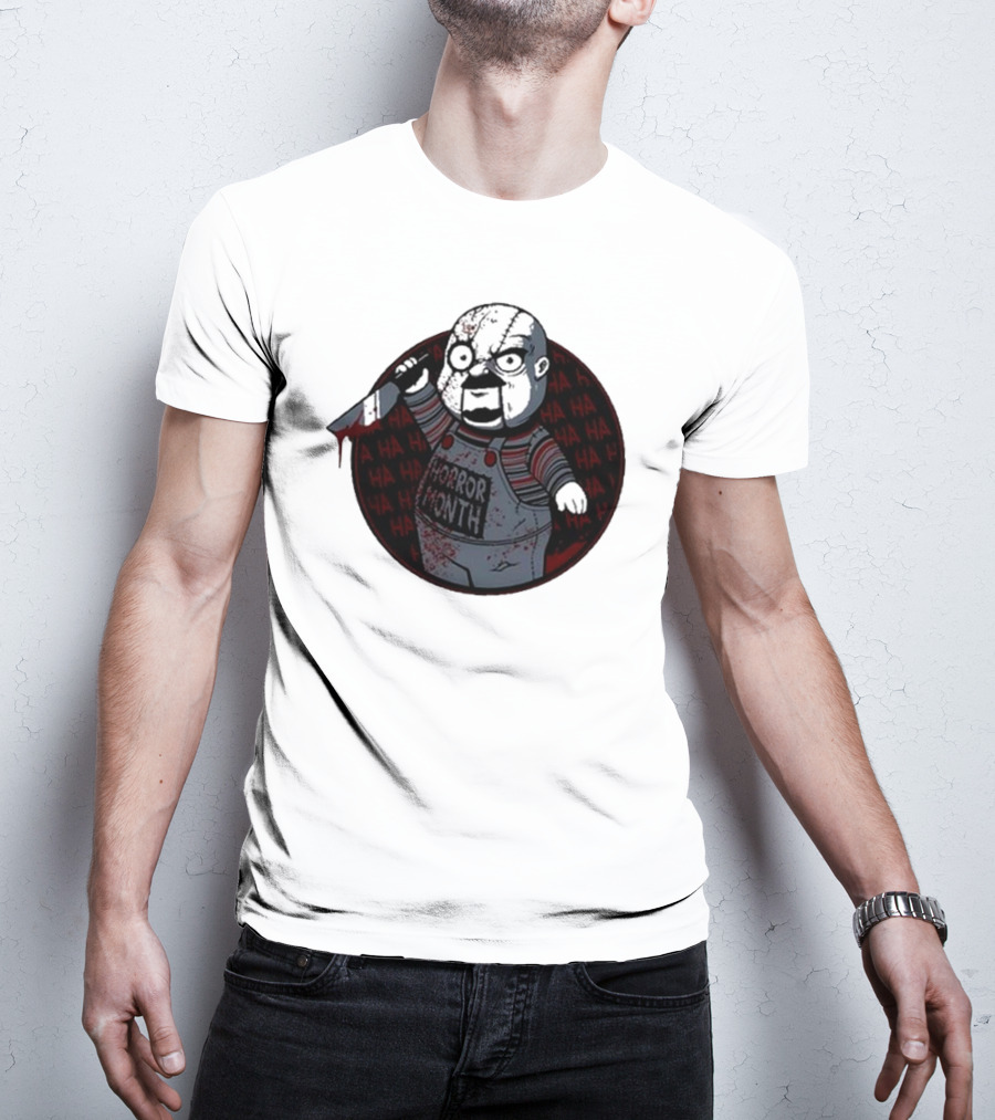 Horror Month Screen Printed Bloody Knife HA HA Masked Character T-Shirt