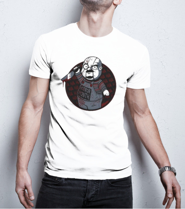 Horror Month Screen Printed Bloody Knife HA HA Masked Character T-Shirt