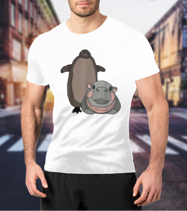 Pesto The Penguin And Moo Deng The Baby Hippo Cartoon Characters T-Shirt