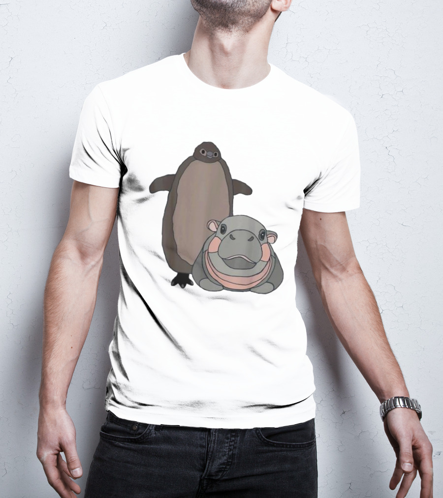 Pesto The Penguin And Moo Deng The Baby Hippo Cartoon Characters T-Shirt