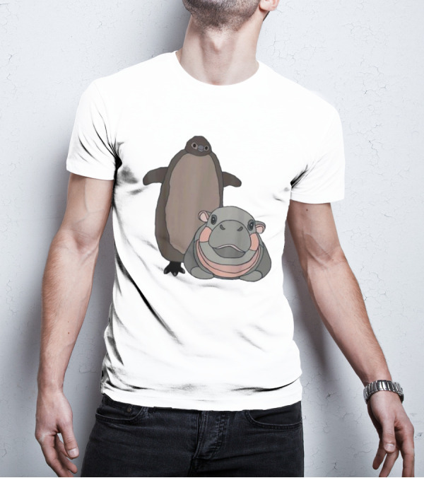 Pesto The Penguin And Moo Deng The Baby Hippo Cartoon Characters T-Shirt
