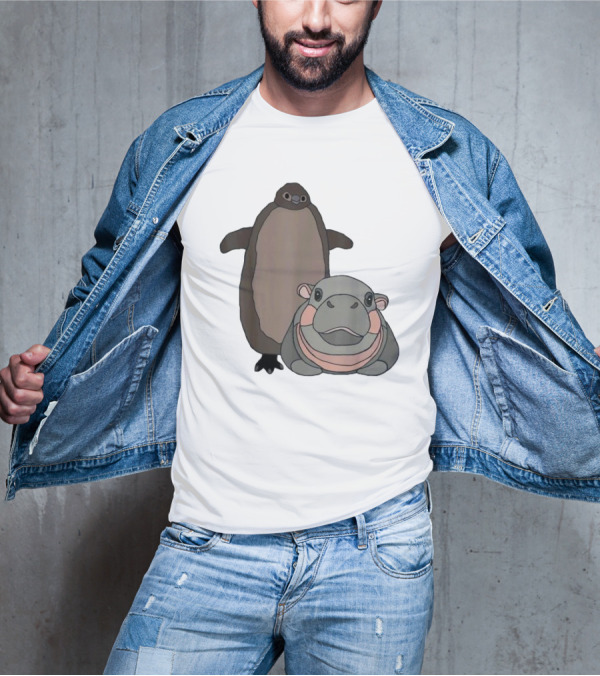 Pesto The Penguin And Moo Deng The Baby Hippo Cartoon Characters T-Shirt