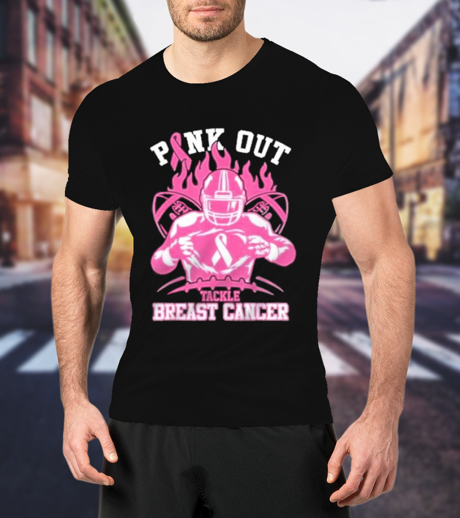 Pink Out Tackle Breast Cancer Awareness Football Player Ribbon Flames T-Shirt