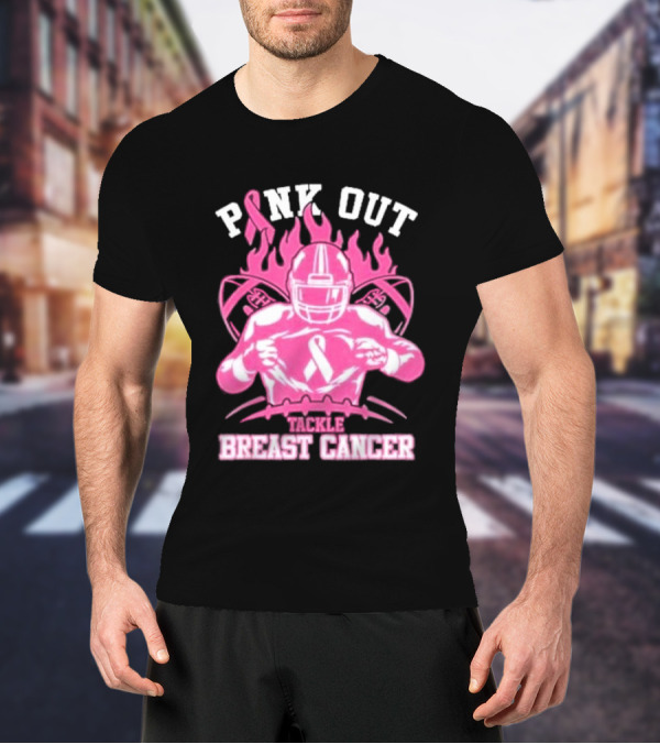 Pink Out Tackle Breast Cancer Awareness Football Player Ribbon Flames T-Shirt