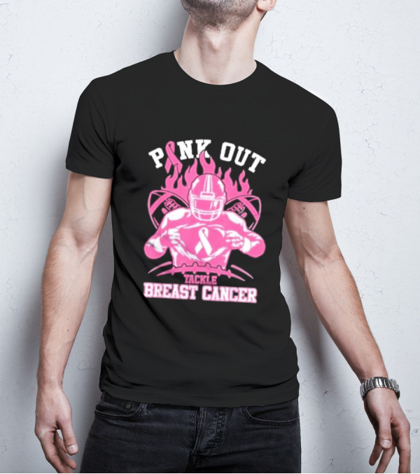 Pink Out Tackle Breast Cancer Awareness Football Player Ribbon Flames T-Shirt