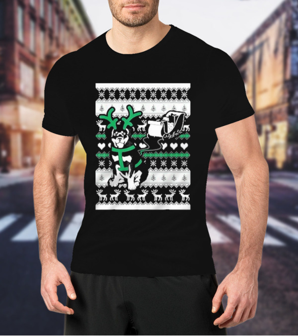 Christmas German Shepherd Wearing Antlers Pulling Santa Claus Sleigh Ugly T-Shirt