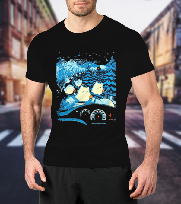 Haunted Road Pixel Art Ghost Cats Forest Adventure T-Shirt
