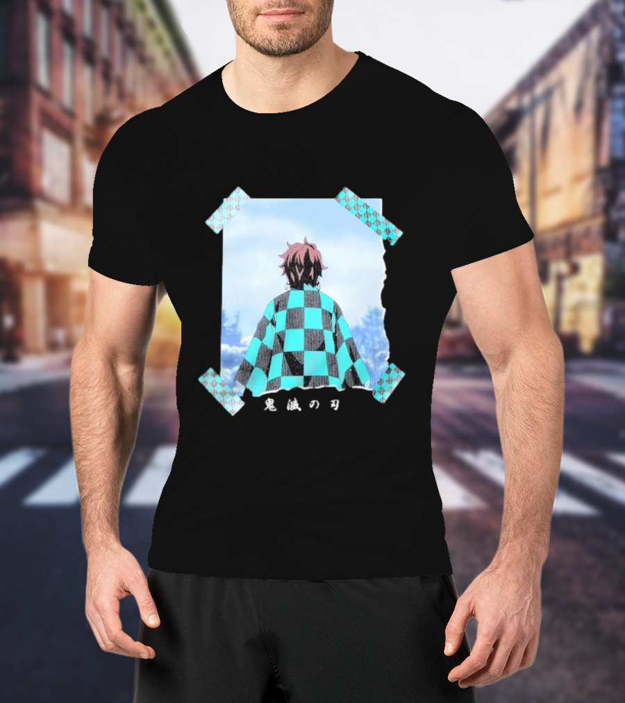 Demon Slayer Kimetsu No Yaiba Tanjiro Checkered Cloak Japanese Text UT Collection T-Shirt