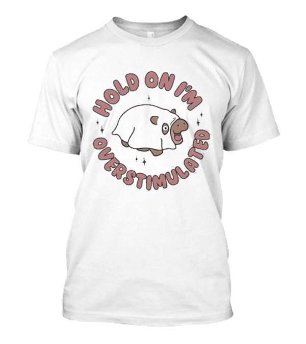 Hold On I'm Overstimulated Cute Cartoon Cow With Sparkles T-Shirt