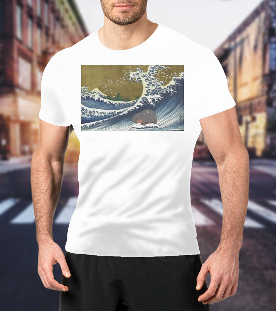 Moo Deng Surfing The Great Wave Off Kanagawa Hybrid T-Shirt