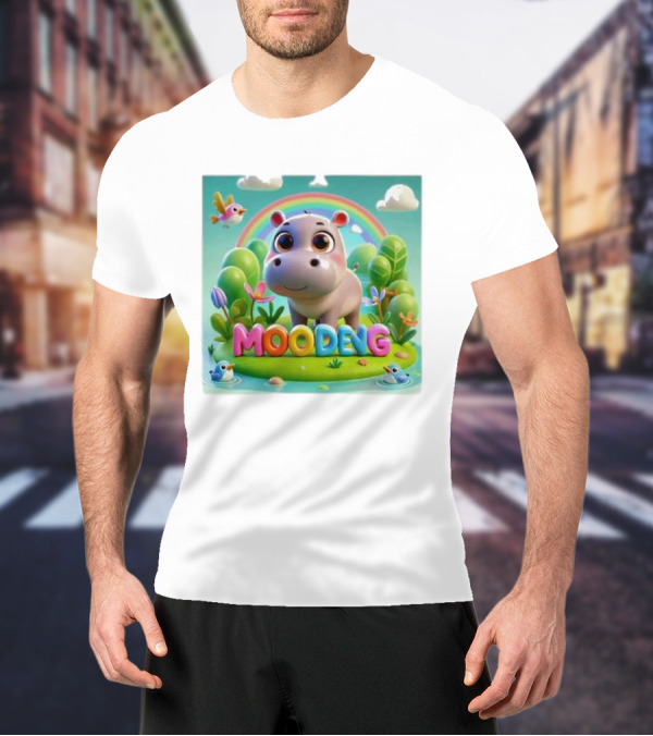 Moo-Deng The Famous Baby Pygmy Hippo Moo Deng Rainbow Meadow Scene T-Shirt