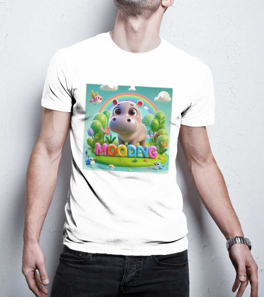 Moo-Deng The Famous Baby Pygmy Hippo Moo Deng Rainbow Meadow Scene T-Shirt