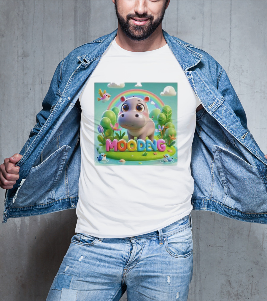 Moo-Deng The Famous Baby Pygmy Hippo Moo Deng Rainbow Meadow Scene T-Shirt