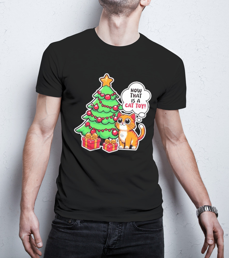 Now That Is A Cat Toy A Cute Orange Cat With Wide Eyes Next To Decorated Christmas Tree T-Shirt