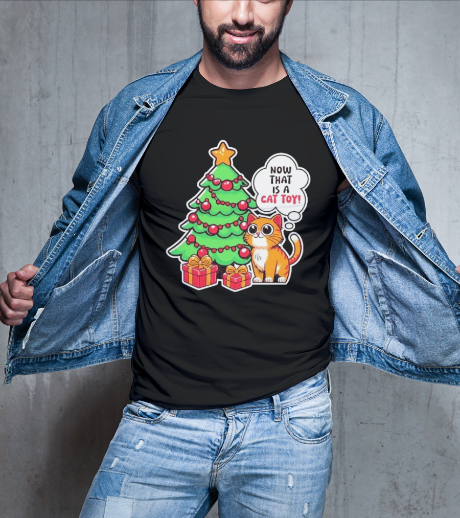 Now That Is A Cat Toy A Cute Orange Cat With Wide Eyes Next To Decorated Christmas Tree T-Shirt