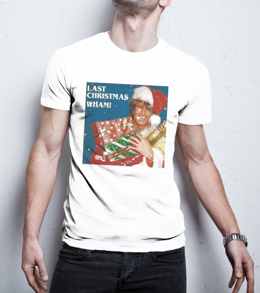 Last Christmas Wham George Michael Santa Hat Holding Gift T-Shirt