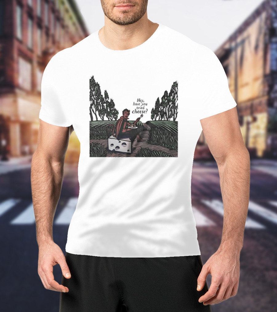 Devil Hey Have You Tried Cheese Sitting On Large Cheese Block In Countryside Scene T-Shirt