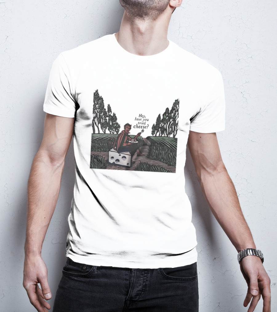 Devil Hey Have You Tried Cheese Sitting On Large Cheese Block In Countryside Scene T-Shirt