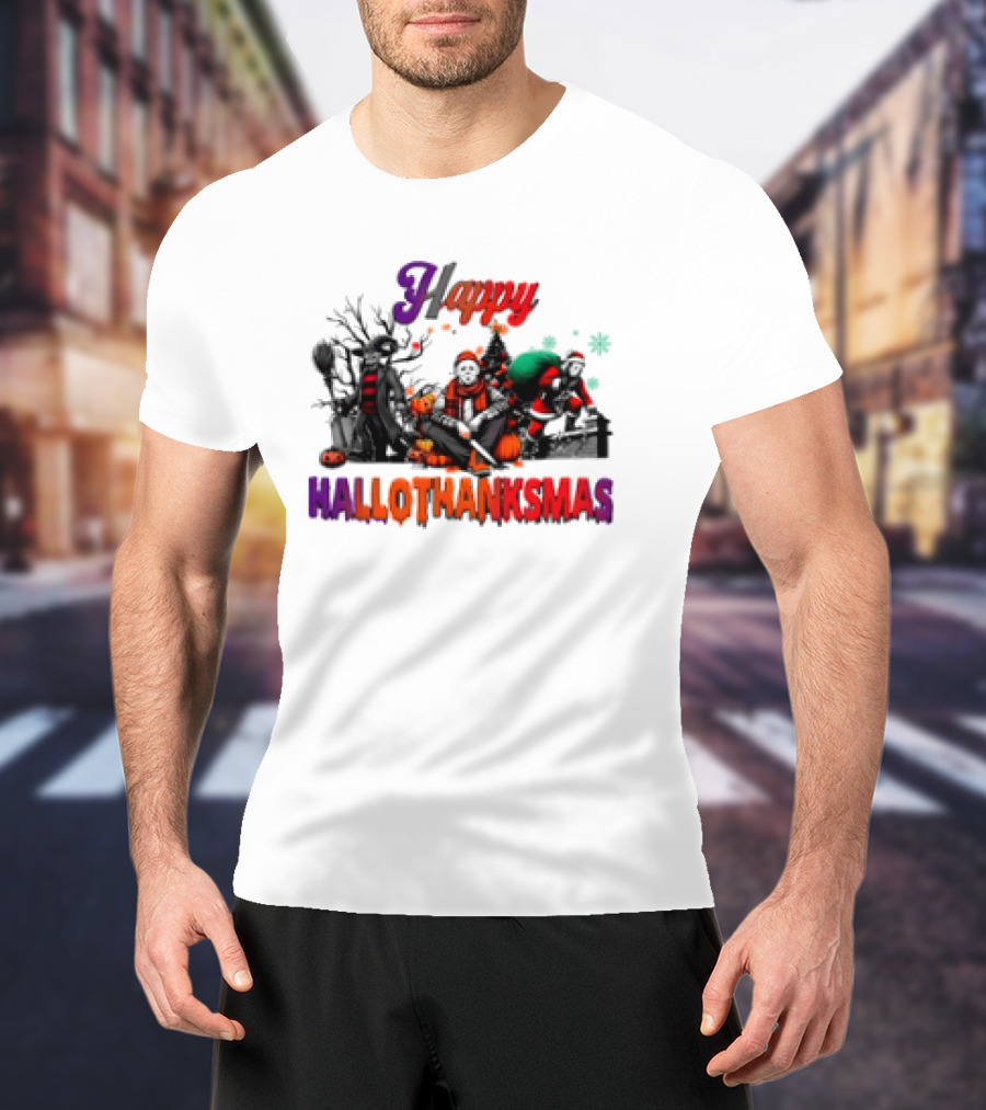 Happy Hallothanksmas Horror Freddy Voorhees Christmas Characters T-Shirt