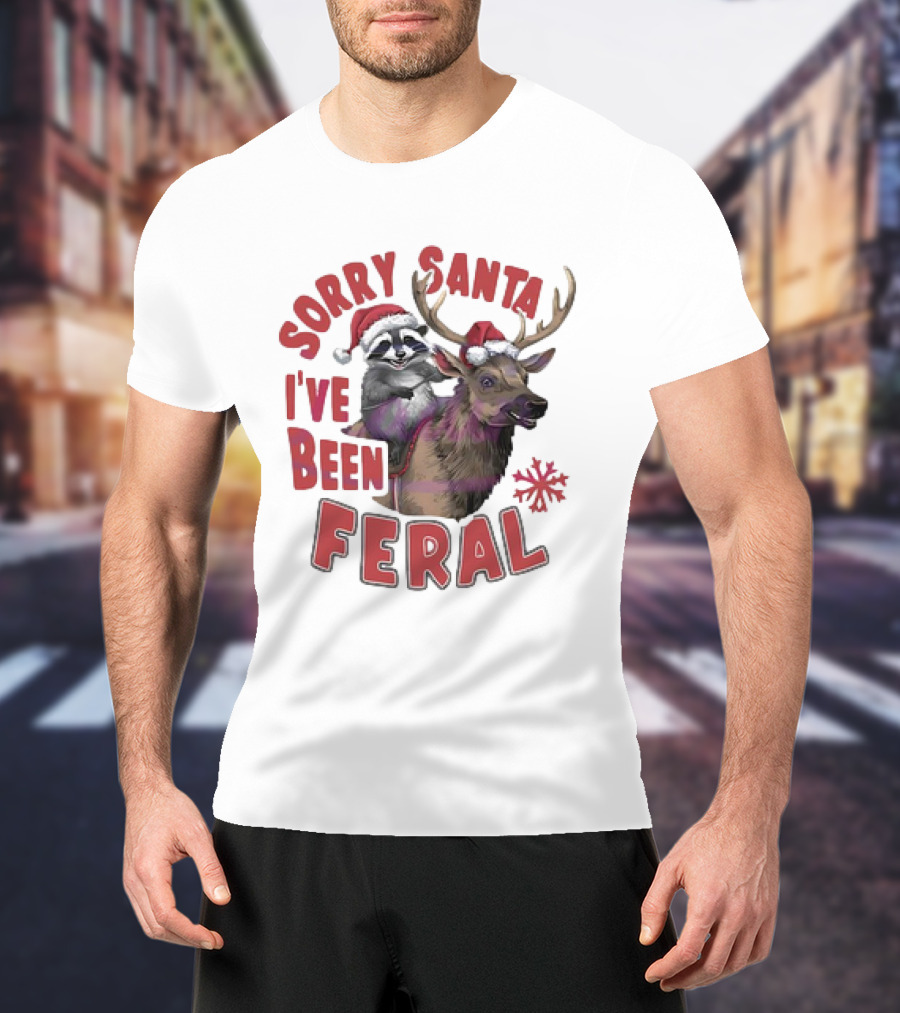 Sorry Santa I've Been Feral Raccoon Christmas Reindeer Santa Hat T-Shirt