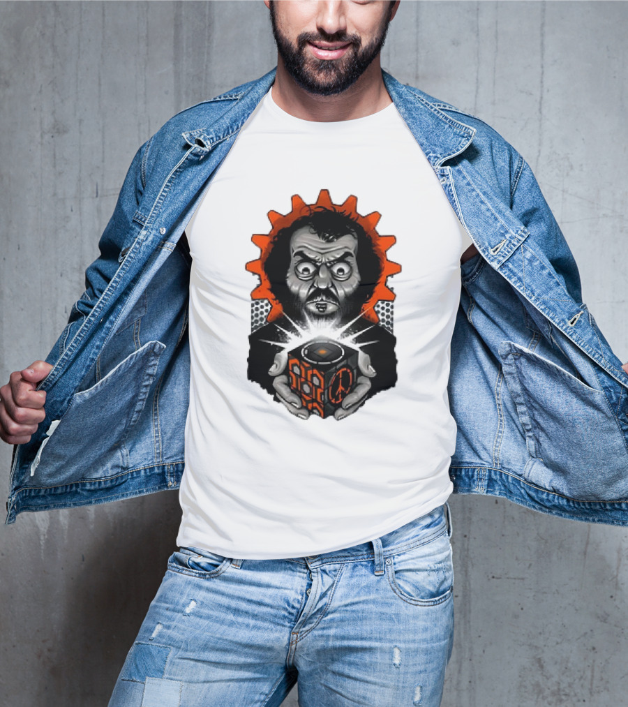 Stanley Kubrick Holding Glowing Cube With Orange Cogs And Geometric T-Shirt
