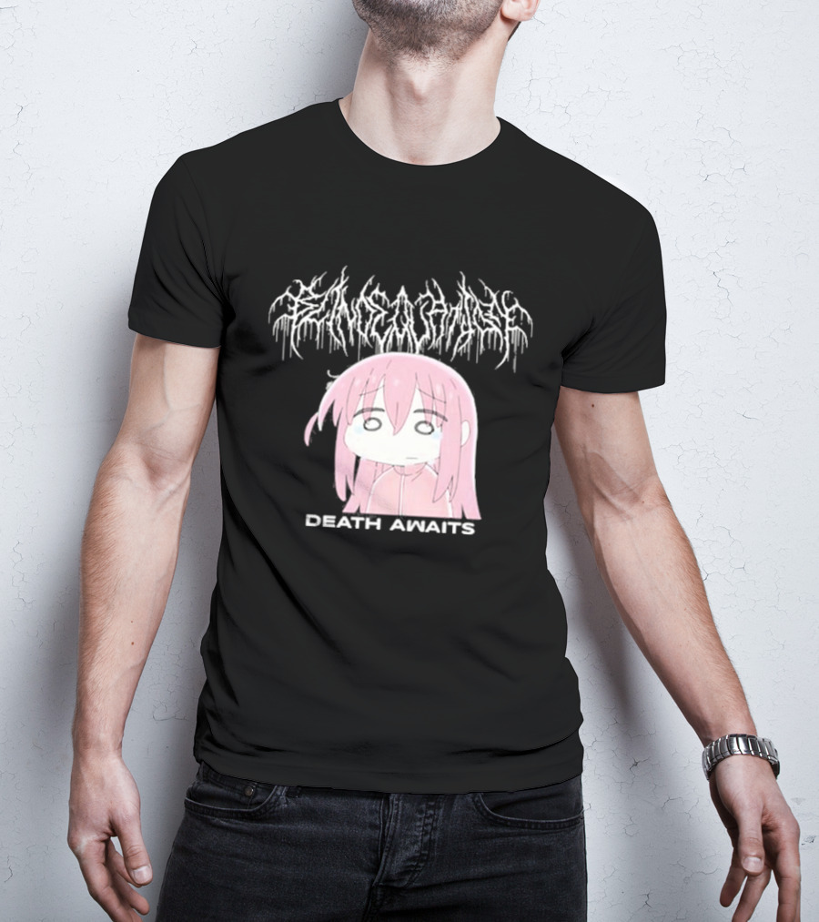 Bocchi The Rock Death Awaits Metal Style Art With Pink-Haired Character T-Shirt