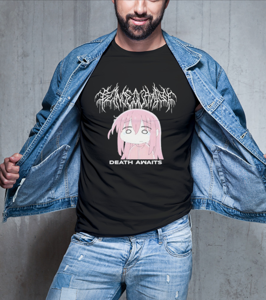 Bocchi The Rock Death Awaits Metal Style Art With Pink-Haired Character T-Shirt