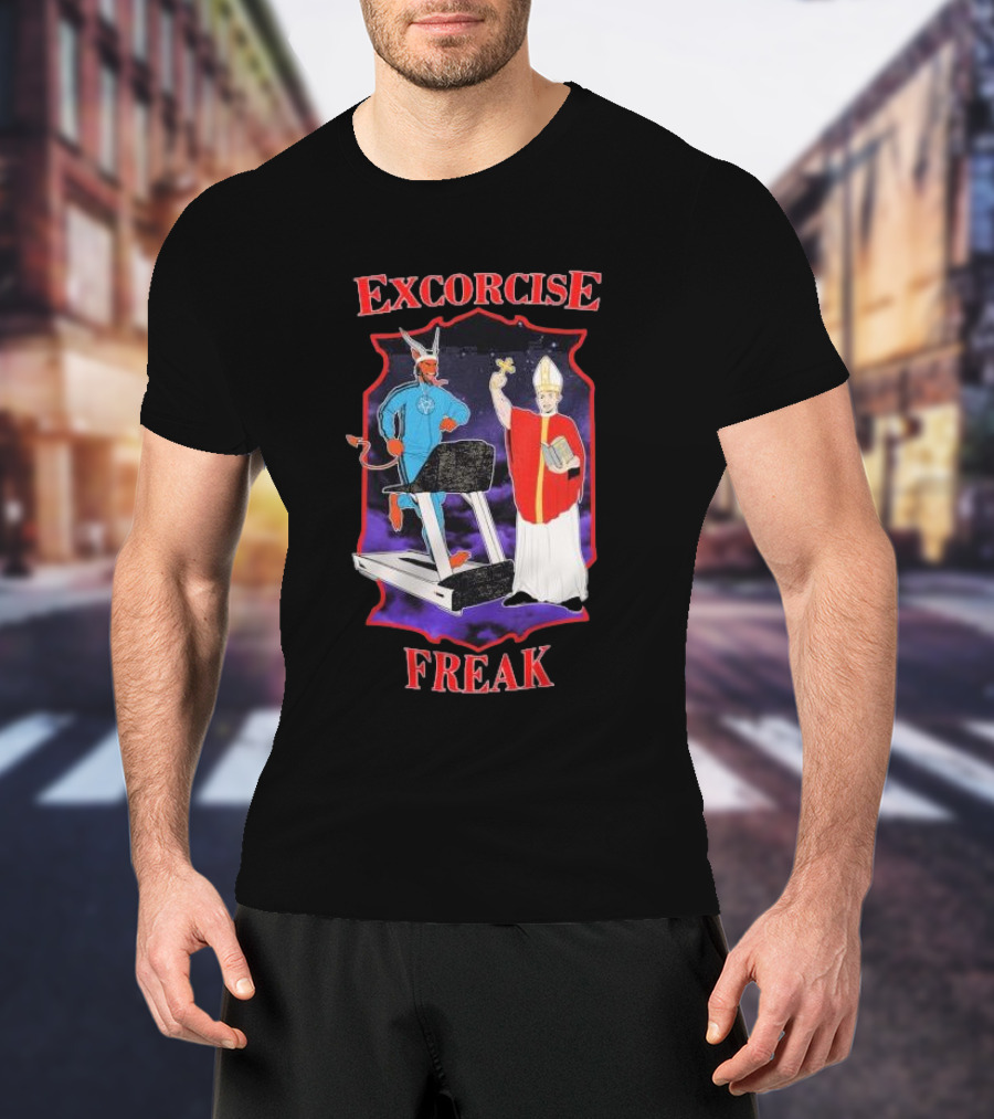 EXCORCISE FREAK Demon On Treadmill With Priest T-Shirt