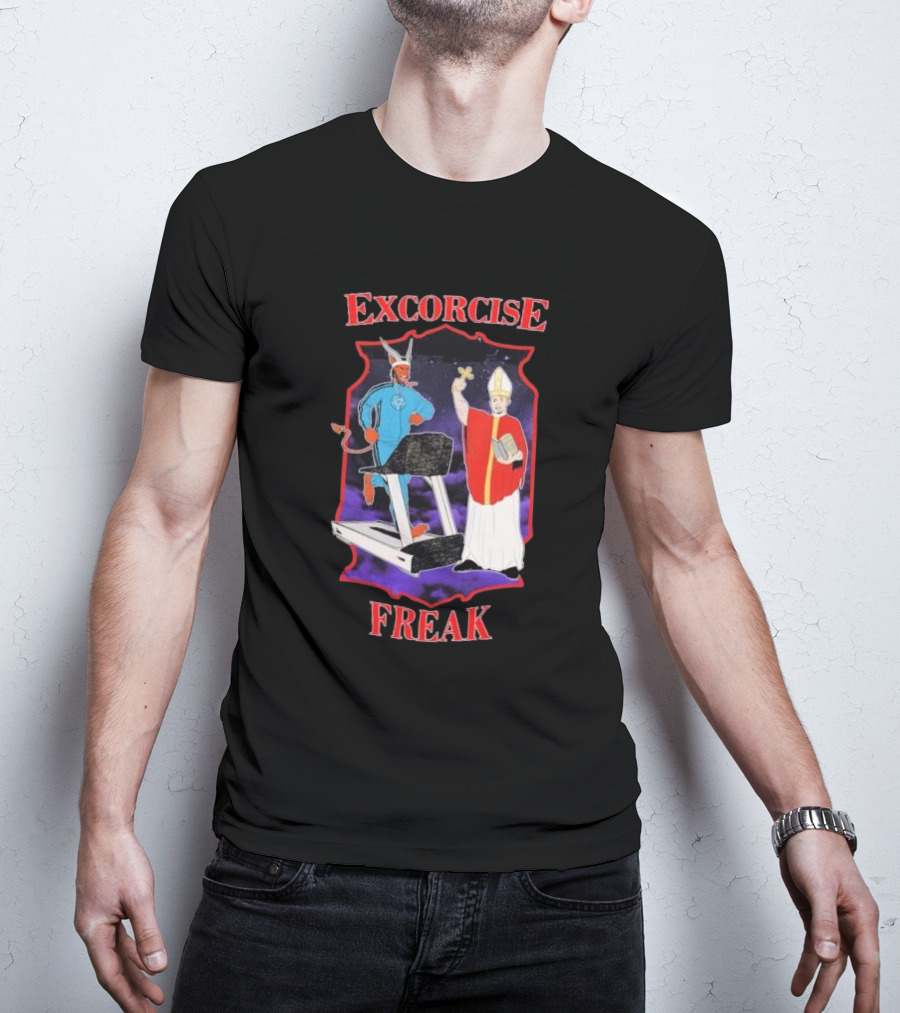 EXCORCISE FREAK Demon On Treadmill With Priest T-Shirt