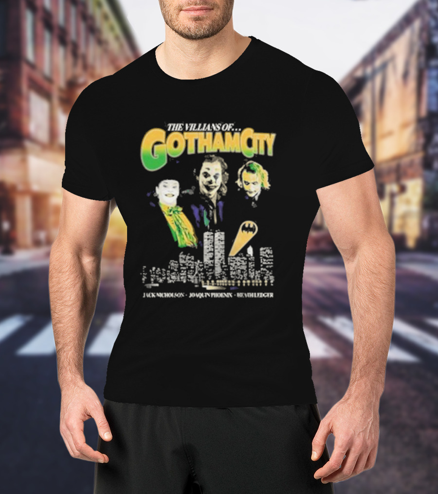 The Villains Of Gotham City Jack Nicholson Joaquin Phoenix Heath Ledger Joker Trio T-Shirt