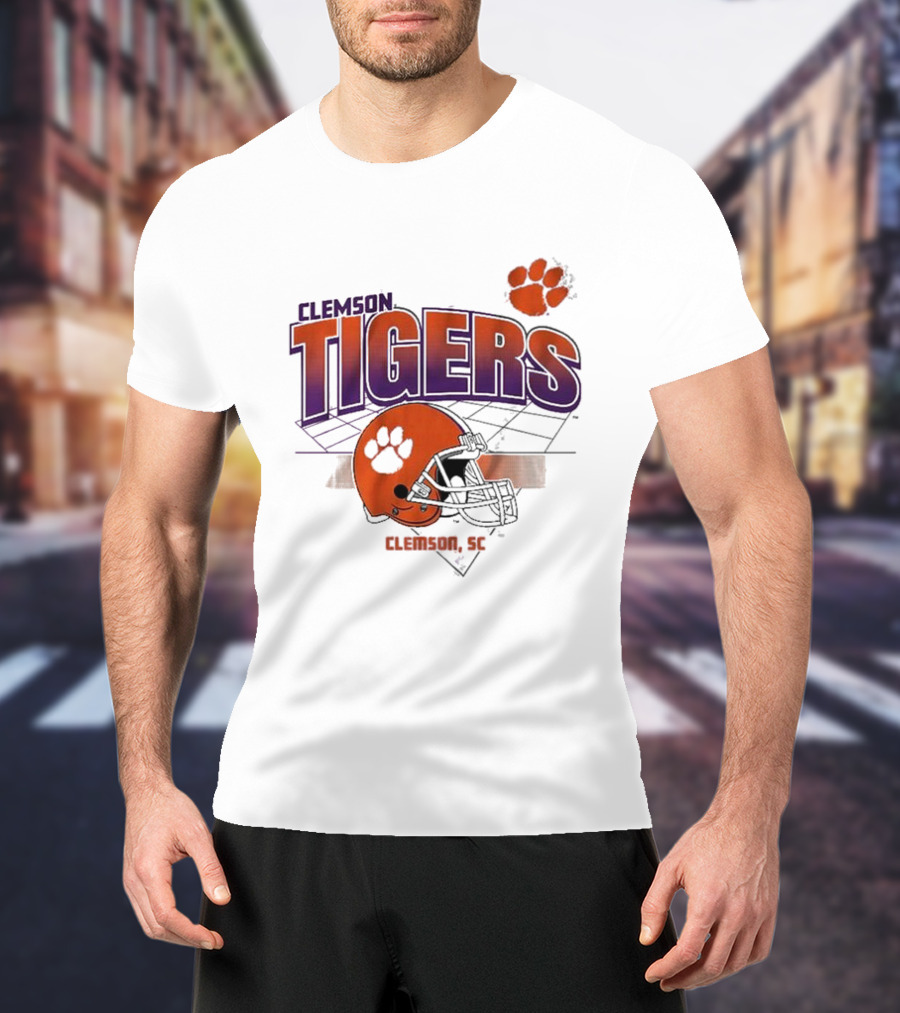 Clemson Tigers Football Helmet Logo Clemson SC Grid Paw Prints T-Shirt