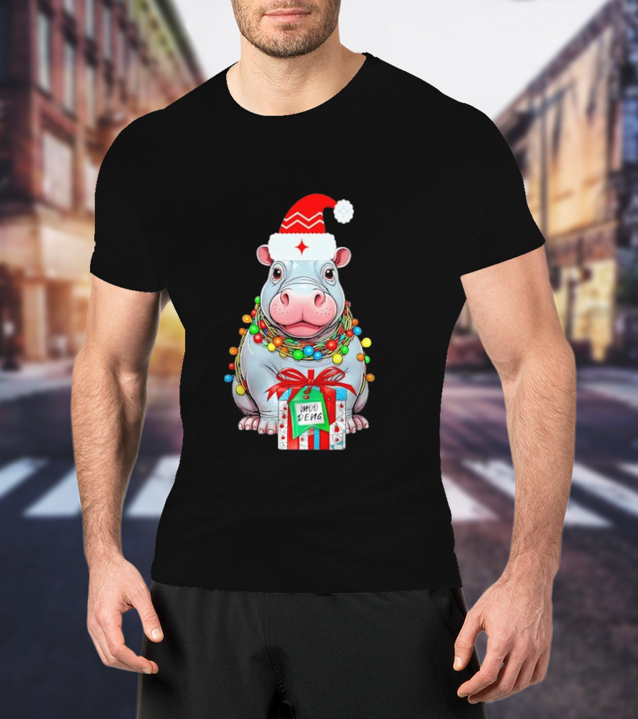 Moo Deng Merry Christmas Lights Tree Santa Hippo With Gift T-Shirt