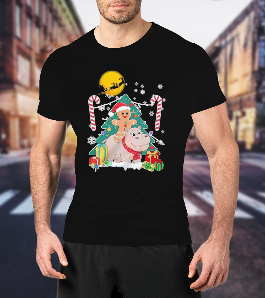 Santa Gingerbread Riding Hippo Christmas Candy Canes Snowflake Christmas Tree T-Shirt