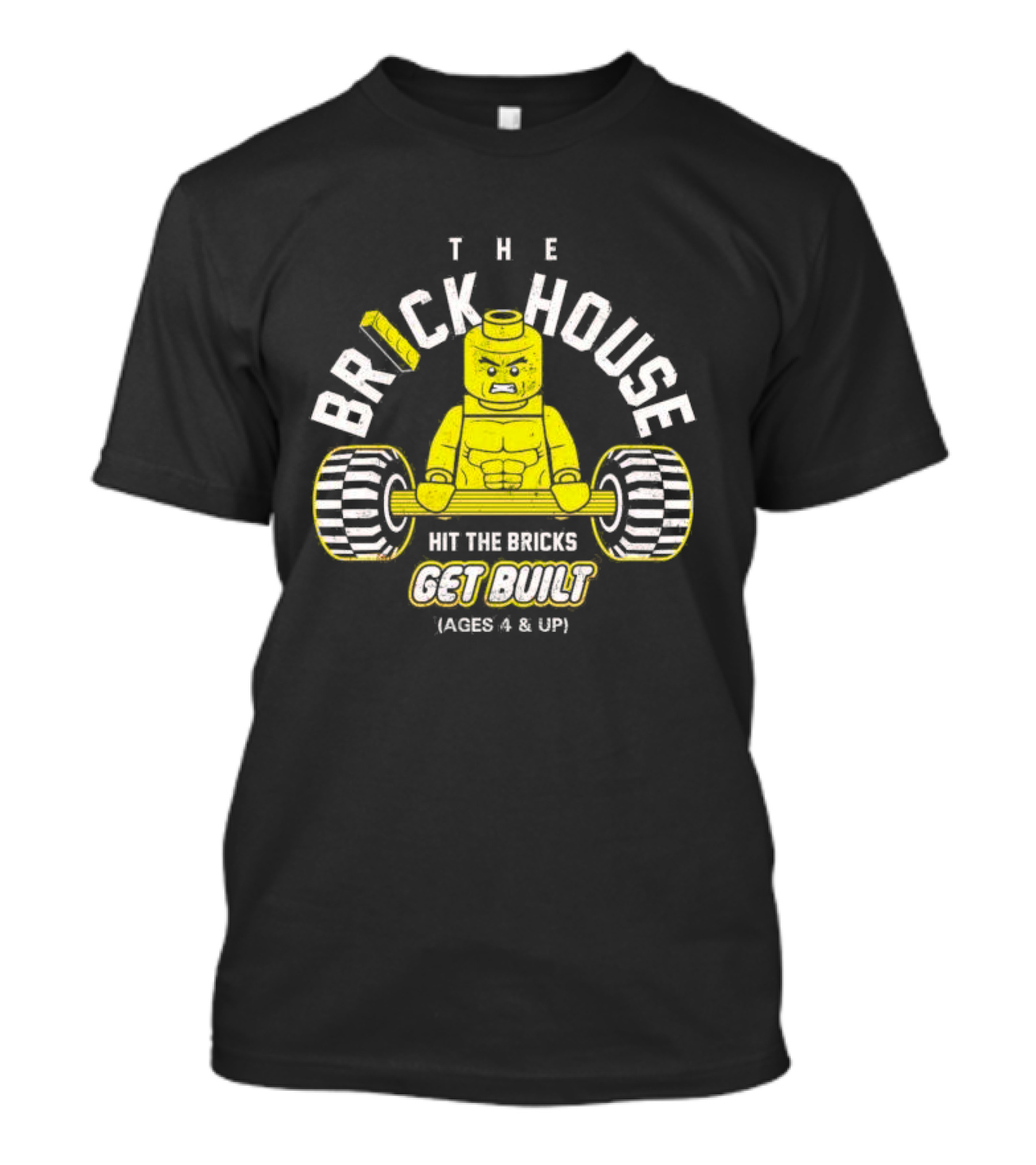 The Brick House Hit The Bricks Get Built Ages 4 And Up Yellow Lego Weightlifter T-Shirt