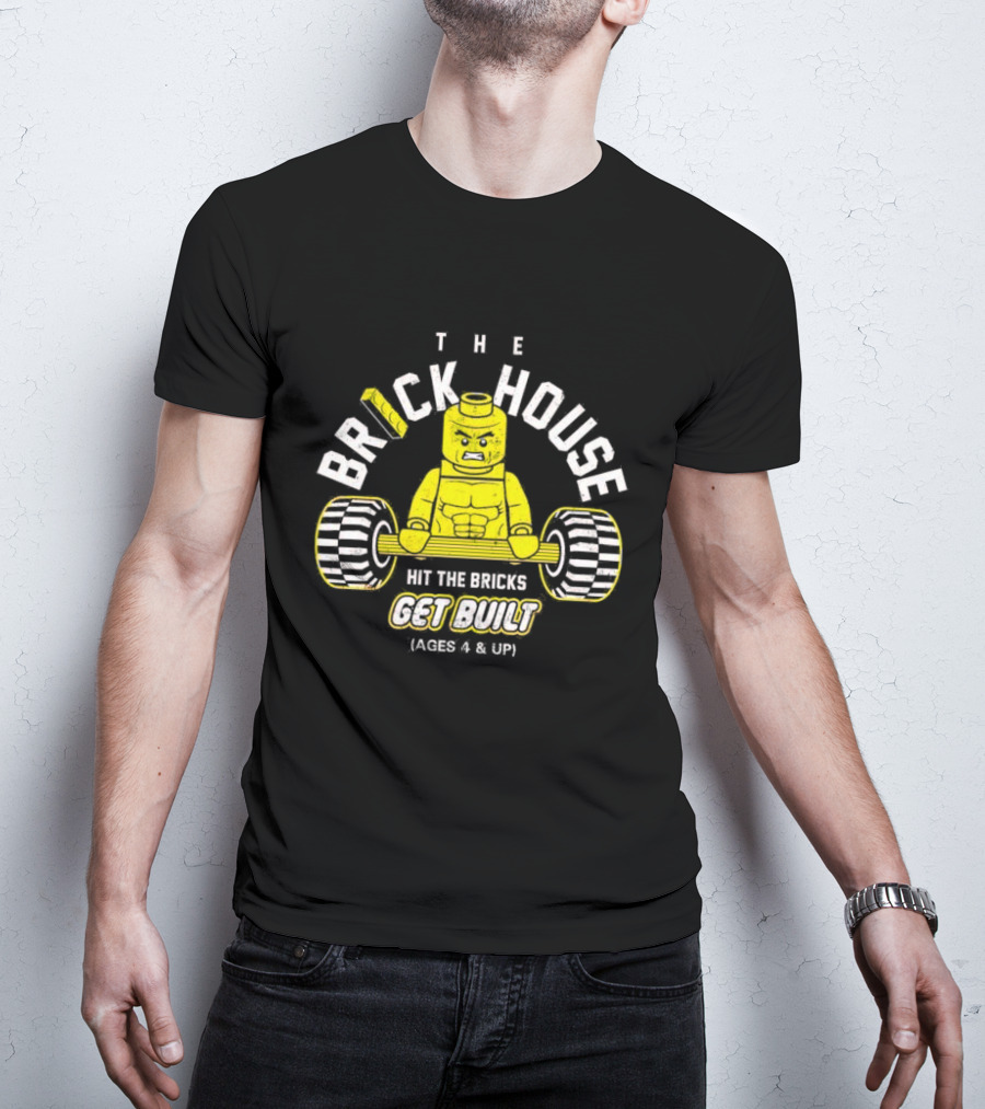 The Brick House Hit The Bricks Get Built Ages 4 And Up Yellow Lego Weightlifter T-Shirt