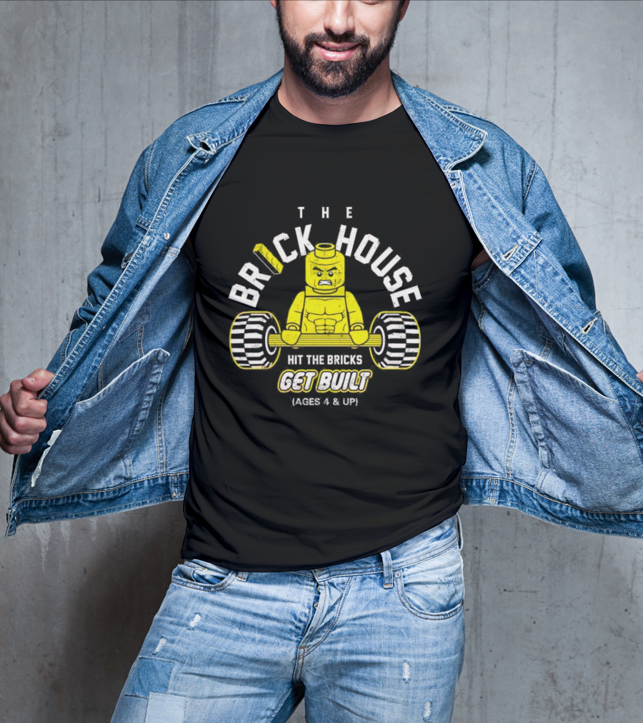 The Brick House Hit The Bricks Get Built Ages 4 And Up Yellow Lego Weightlifter T-Shirt