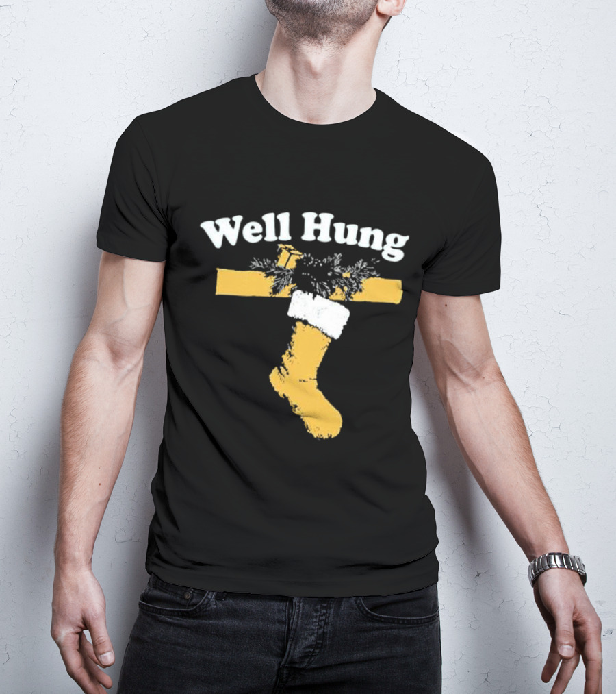Well Hung Christmas Stocking Shot With Garland And Gift T-Shirt