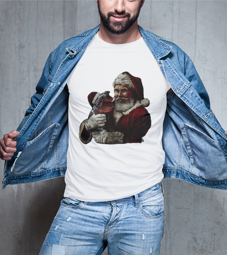 Moo Deng Xmas Funny Christmas Santa Hug Cute Baby Hippo Santa Claus Holiday T-Shirt