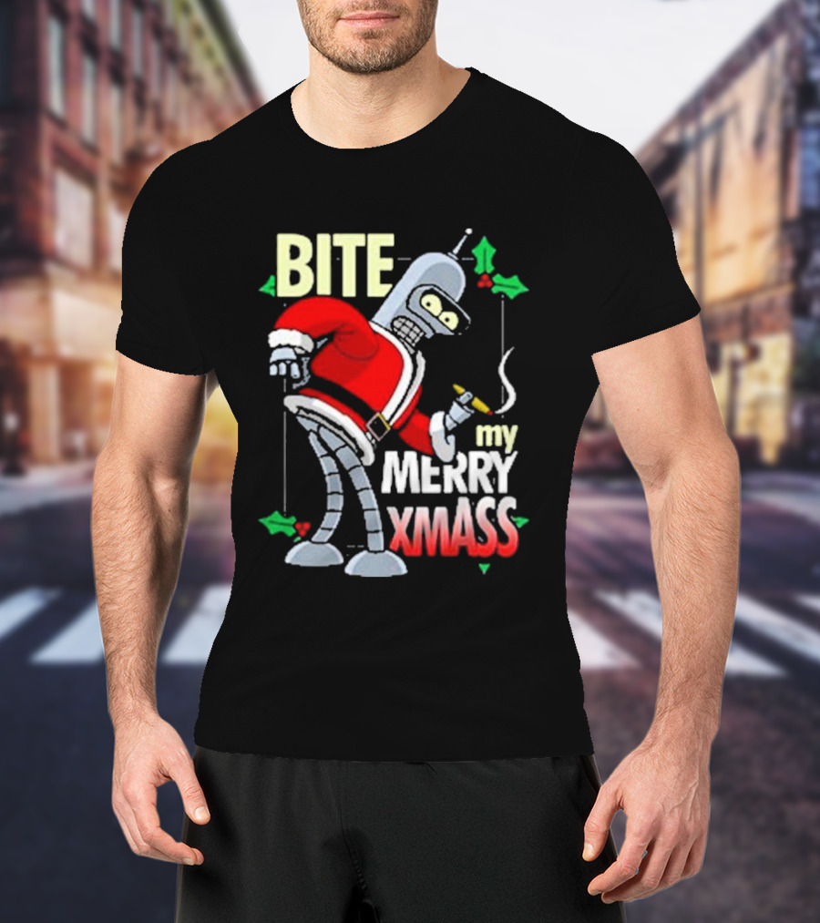 Bite My Merry Xmass Santa Robot Smoking Cigar T-Shirt
