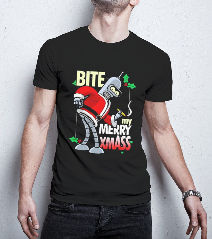 Bite My Merry Xmass Santa Robot Smoking Cigar T-Shirt