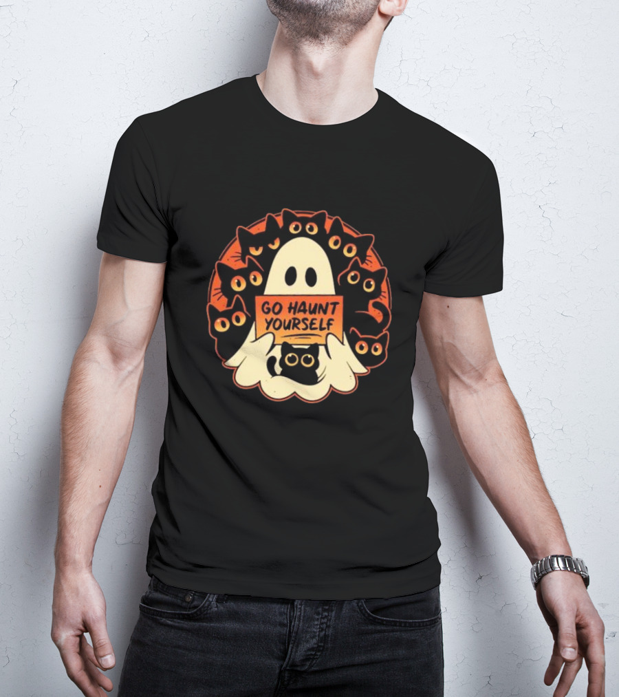 Go Haunt Yourself Ghost Surrounded By Black Cats Lucy Felthouse T-Shirt