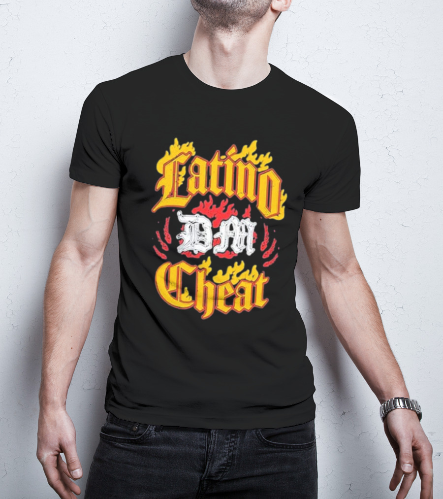 Latino DM Cheat Flames And Gothic Text T-Shirt