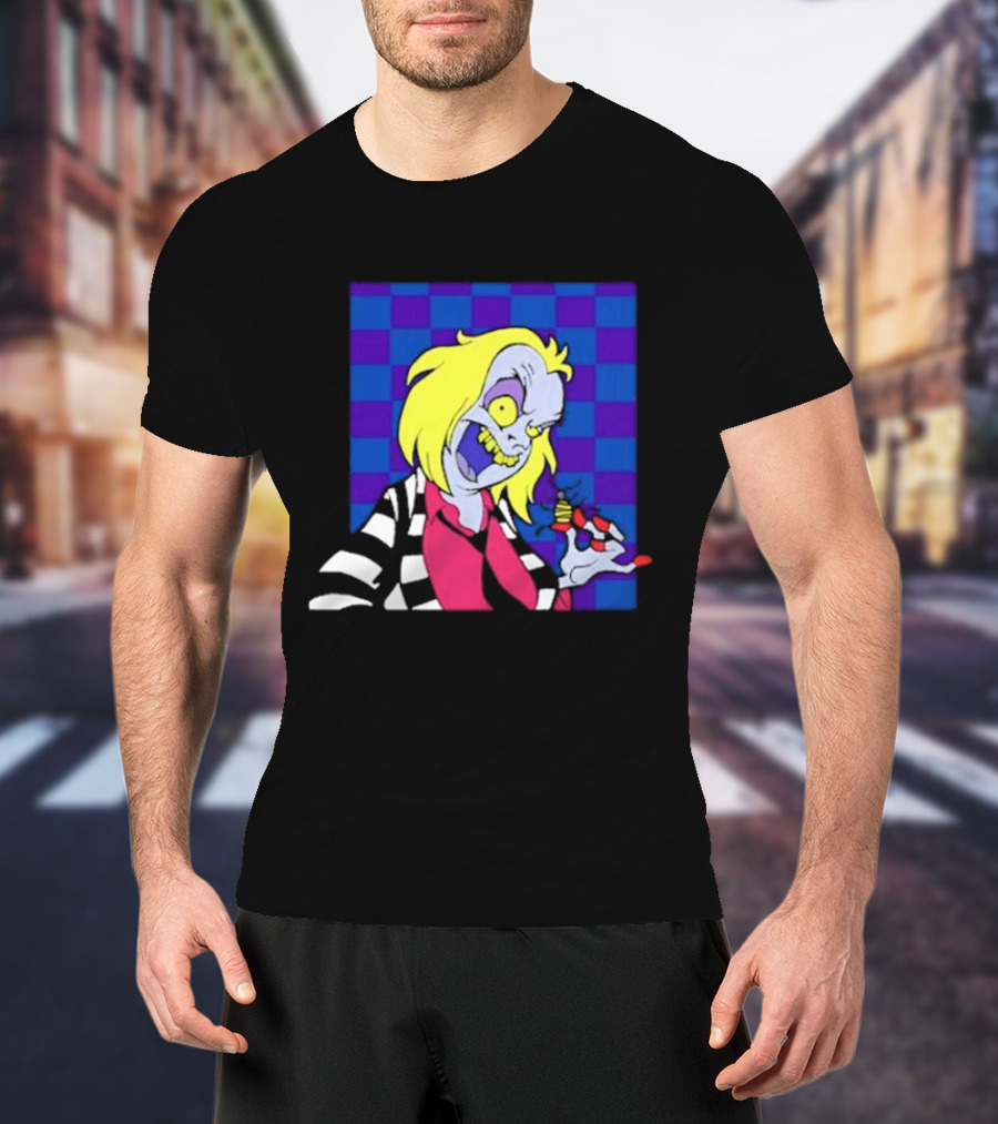 Pan Pizza Beetlejuice Cartoon Checkered Background T-Shirt