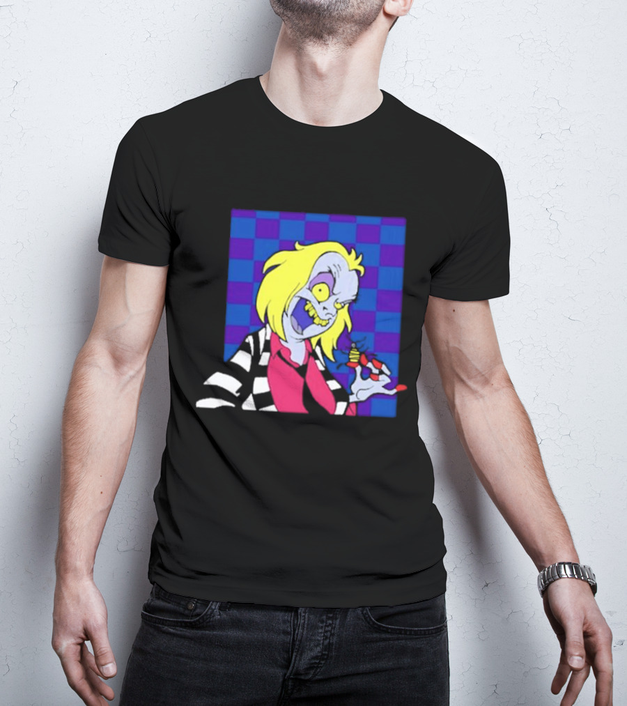 Pan Pizza Beetlejuice Cartoon Checkered Background T-Shirt