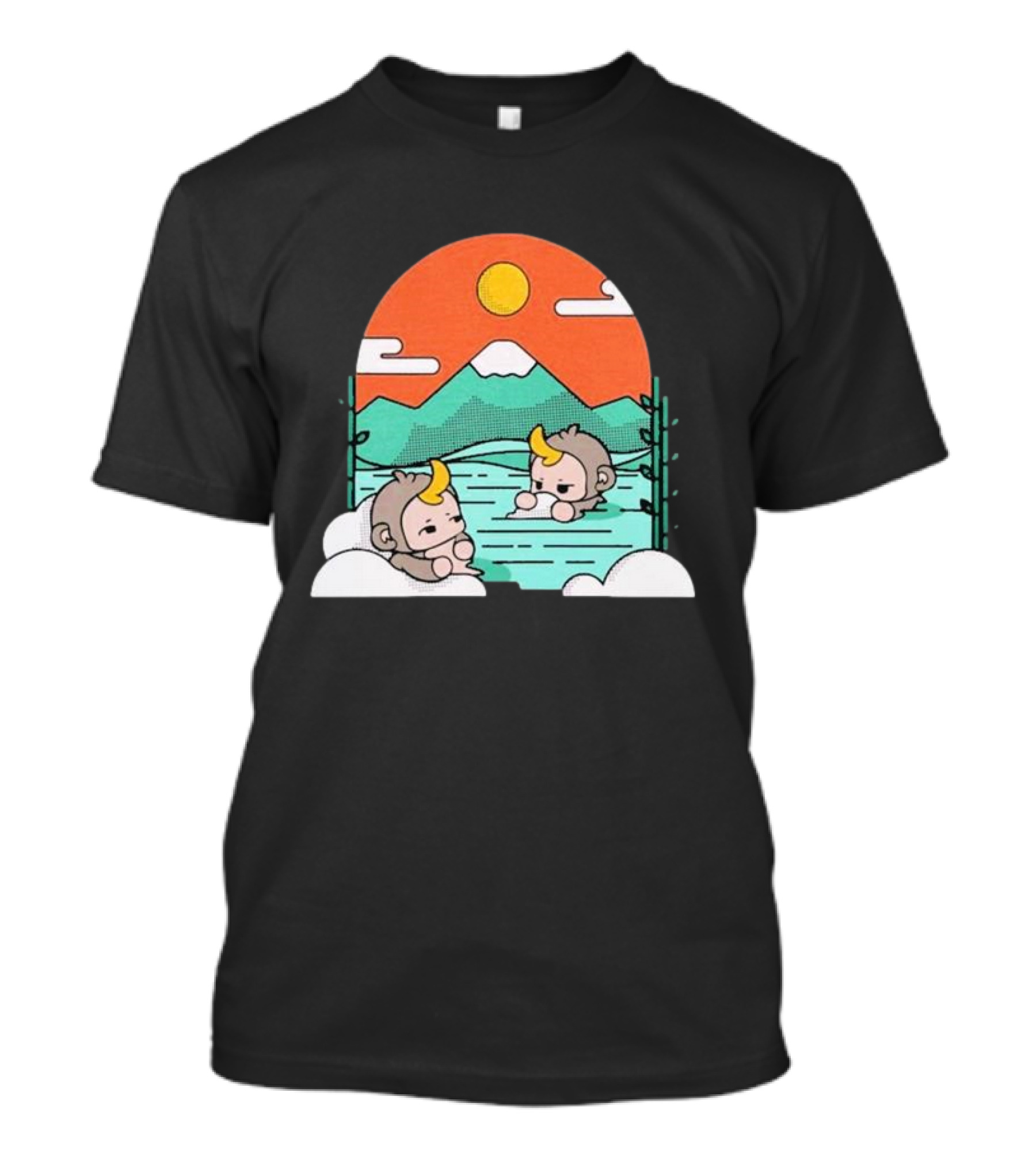 Cdawgva Tranquil Monkeys In Hot Springs With Mountains And Sunset T-Shirt